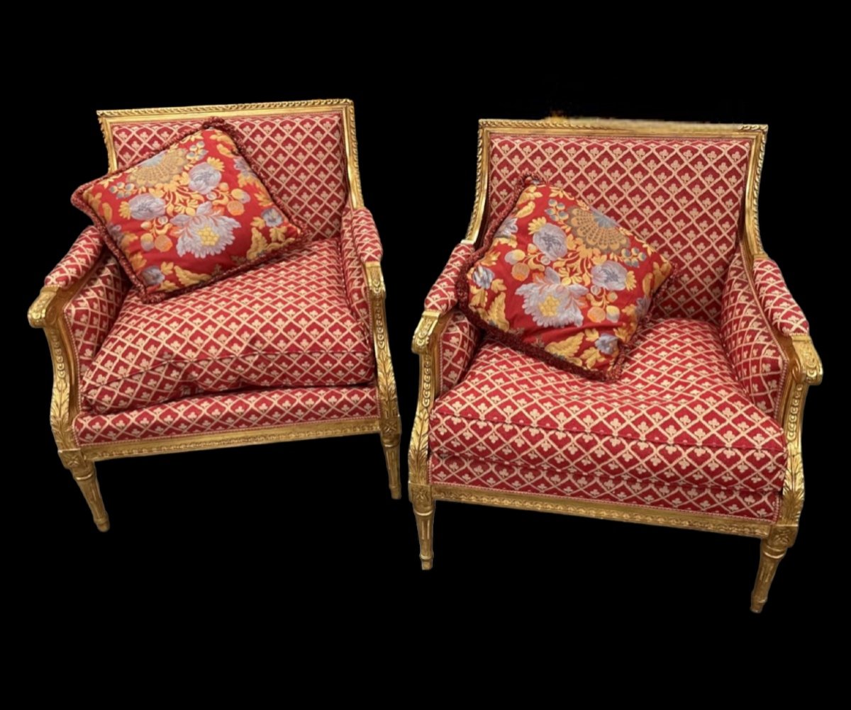 Pair Of Bergeres (armchairs) In Golden Wood-photo-4