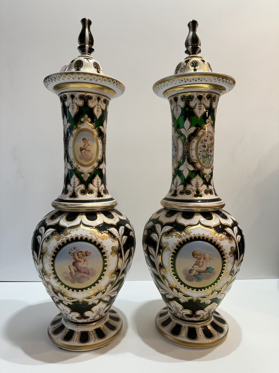 Pair Of Vases, Bohemian Crystal , Overlay , 68 Cm
