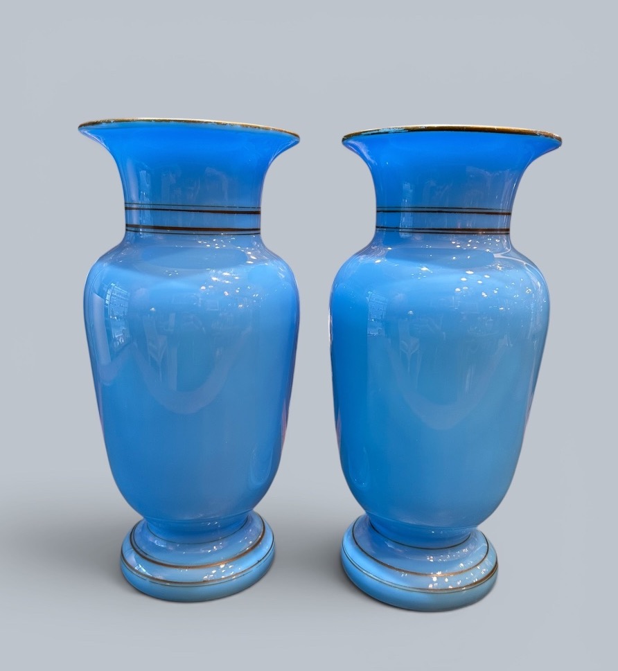 Pair Of Sky-blue Opaline Vases – 19th Century