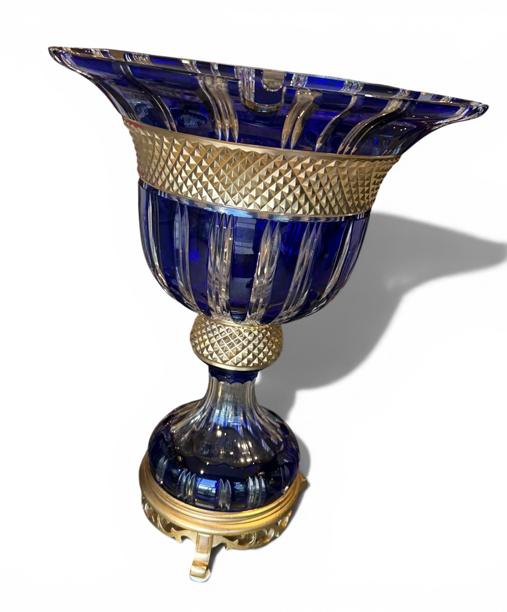 Coupe de centre de table en cristal bleu taillé  doré – XXᵉ siècle-photo-4