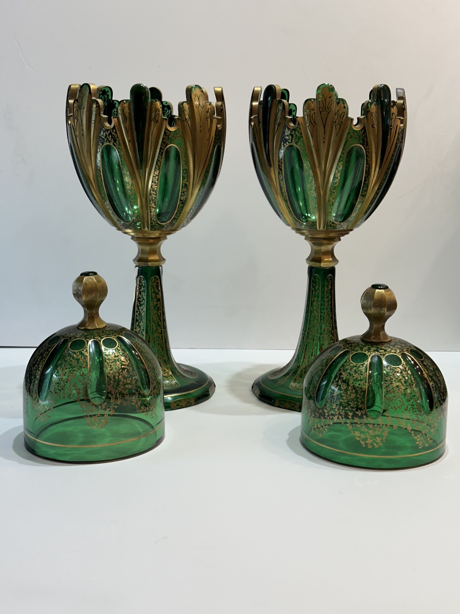 Pair Of Lidded Vases Made Of Green Bohemian Crystal -photo-2