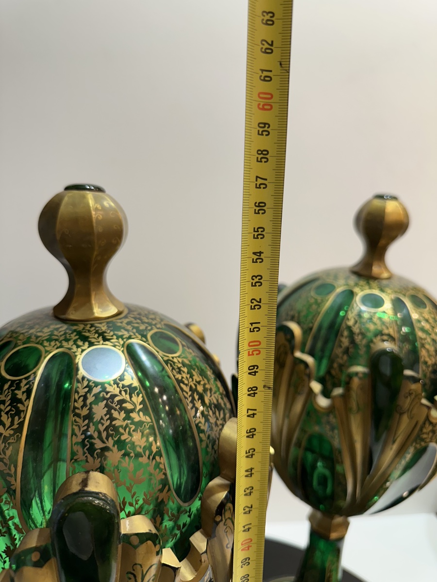 Pair Of Lidded Vases Made Of Green Bohemian Crystal -photo-2