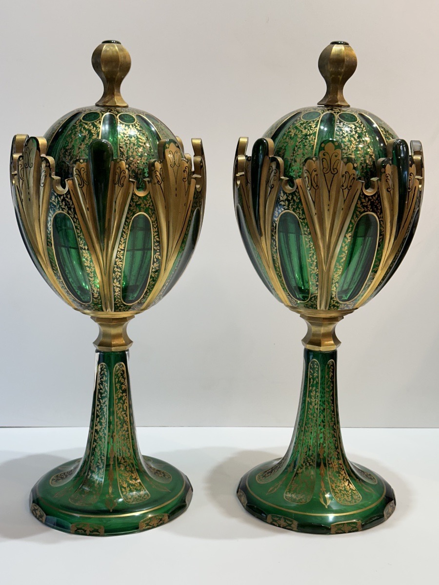 Pair Of Lidded Vases Made Of Green Bohemian Crystal 