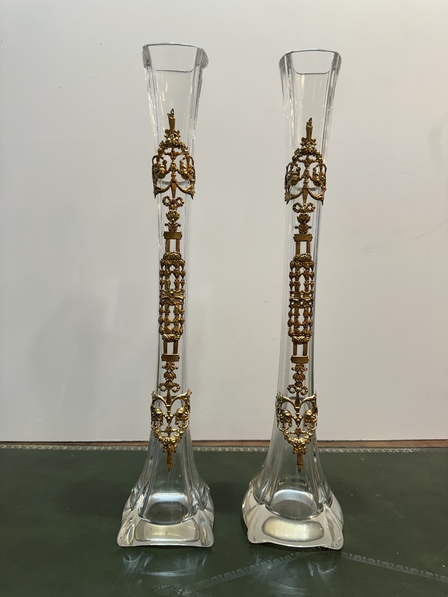 Pair Of Crystal Vases With Gilded Bronze Mounts – Louis XVI Style-photo-2