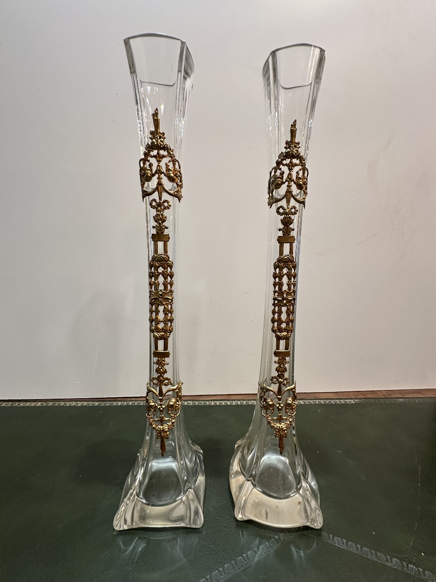 Pair Of Crystal Vases With Gilded Bronze Mounts – Louis XVI Style-photo-3