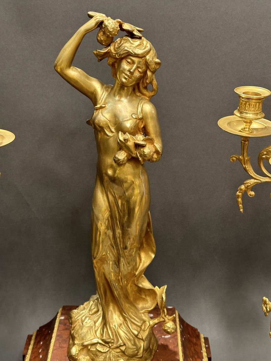 Gilded Bronze And Red Marble Mantelpiece – Clock And Pair Of Candelabra-photo-4