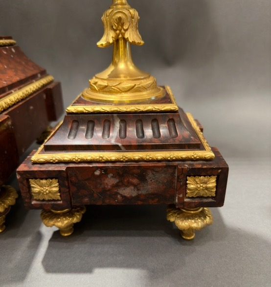 Gilded Bronze And Red Marble Mantelpiece – Clock And Pair Of Candelabra-photo-5