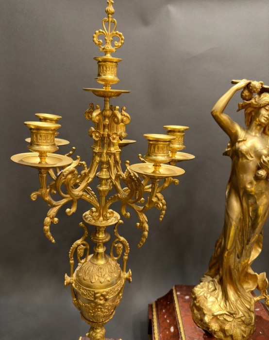 Gilded Bronze And Red Marble Mantelpiece – Clock And Pair Of Candelabra-photo-6