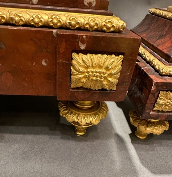 Gilded Bronze And Red Marble Mantelpiece – Clock And Pair Of Candelabra-photo-7