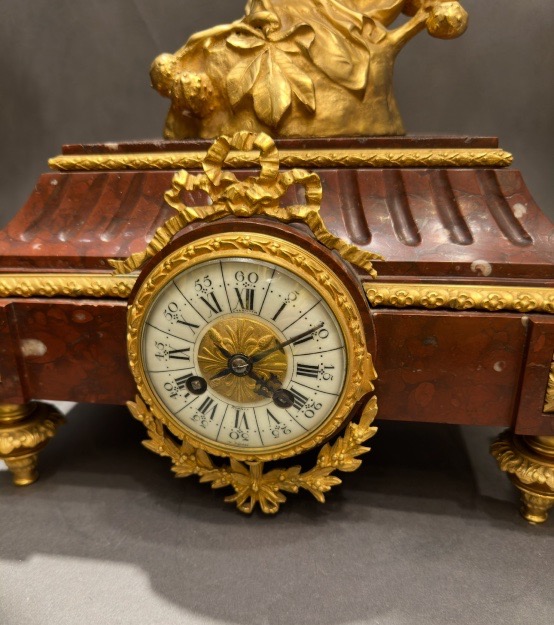 Gilded Bronze And Red Marble Mantelpiece – Clock And Pair Of Candelabra-photo-8