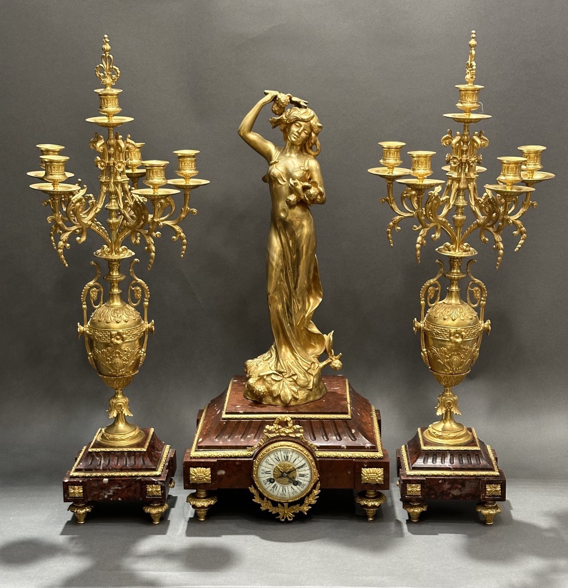 Gilded Bronze And Red Marble Mantelpiece – Clock And Pair Of Candelabra