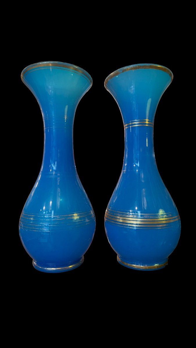 Paire de vases en opaline bleu -photo-4