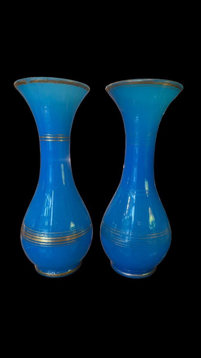 Paire de vases en opaline bleu -photo-2