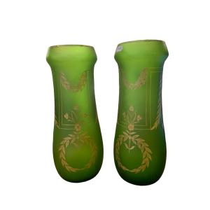 Pair Of Bohemian Green Crystal Vases