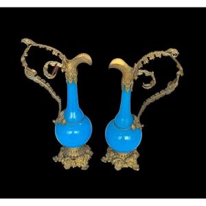 Pair Of Ewer In Blue Opaline