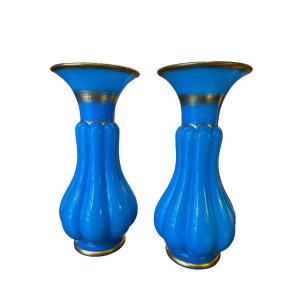Pair Of Baccarat Blue Opaline Vases 
