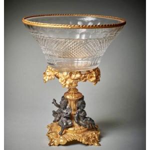 Bowl, Centerpiece In Gilded Bronze And Cut Crystal – 20th Century
