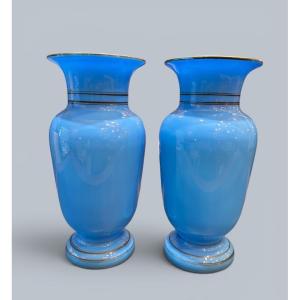 Pair Of Sky-blue Opaline Vases – 19th Century