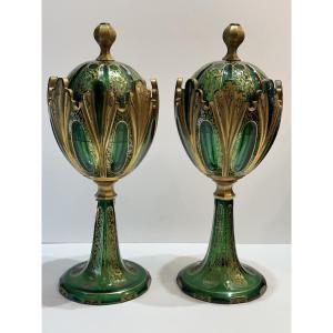 Pair Of Lidded Vases Made Of Green Bohemian Crystal