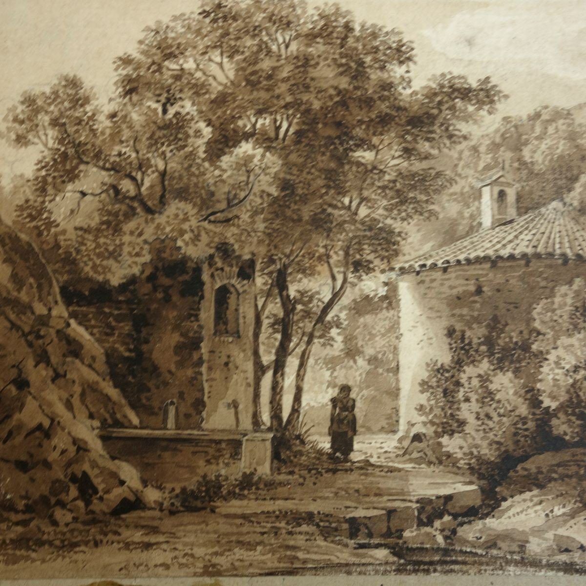 Italian Landscape At La Fontaine And Little Chapel 19th Century Neoclassical School-photo-3