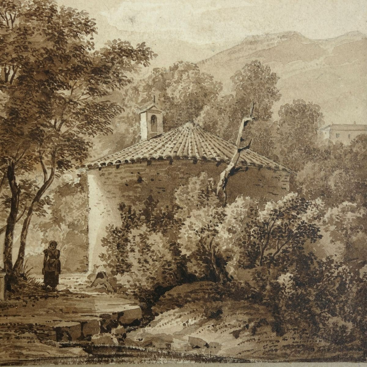 Italian Landscape At La Fontaine And Little Chapel 19th Century Neoclassical School-photo-4