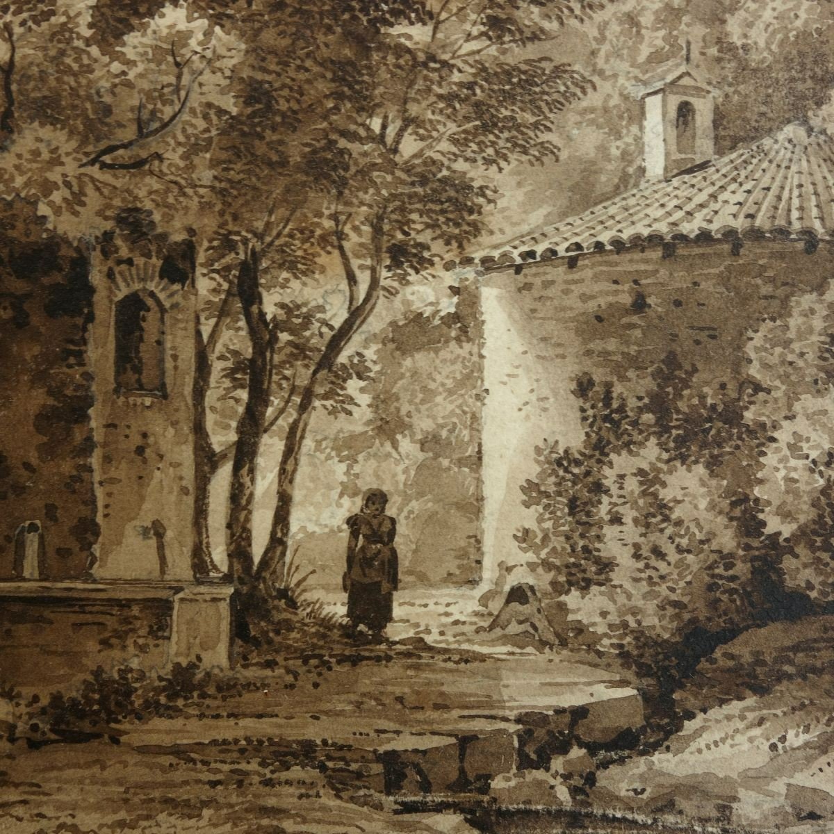 Italian Landscape At La Fontaine And Little Chapel 19th Century Neoclassical School-photo-1