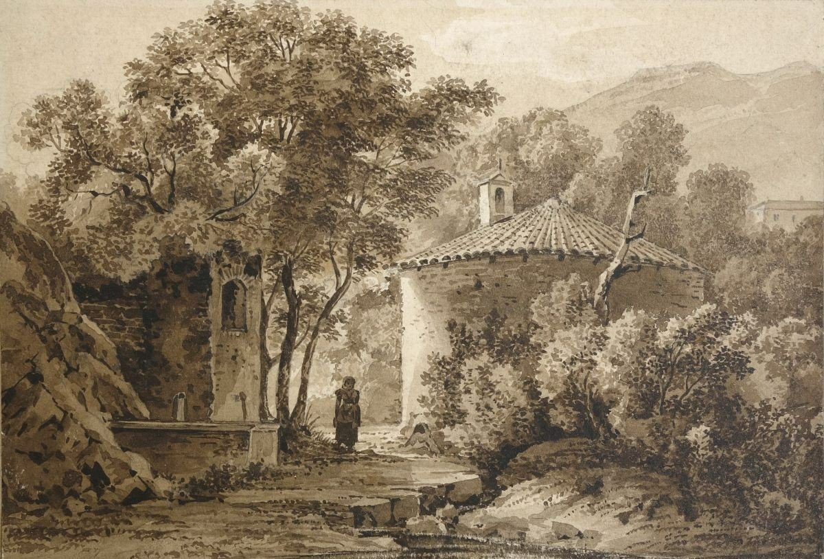 Italian Landscape At La Fontaine And Little Chapel 19th Century Neoclassical School