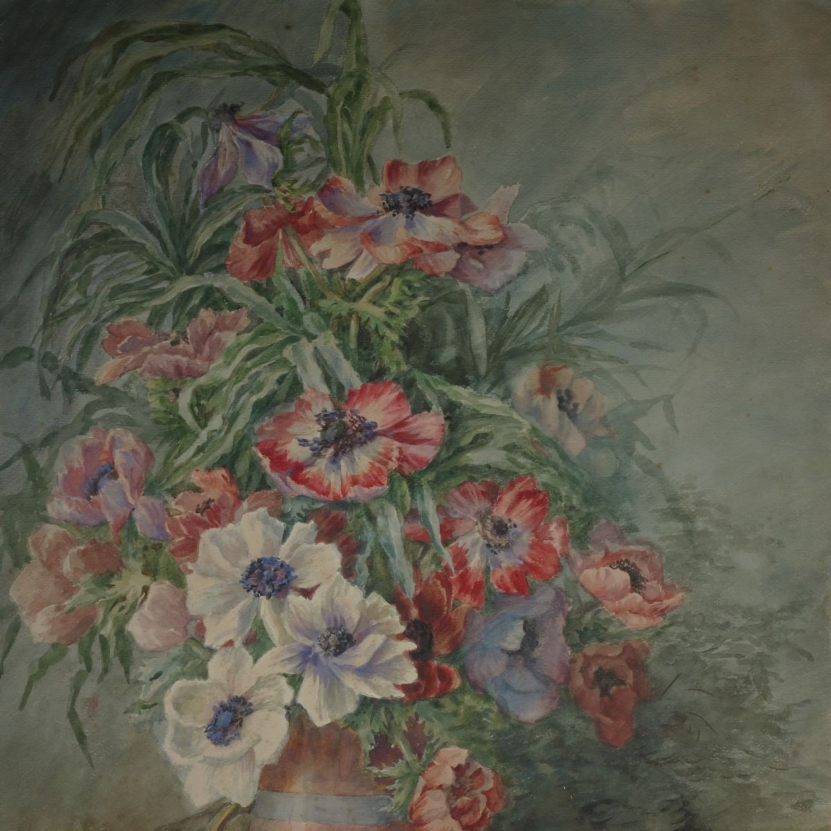 S.lebrun Bouquet d'Anémones Grande  Aquarelle Circa 1920 format : 65 x 48,5 cm-photo-3