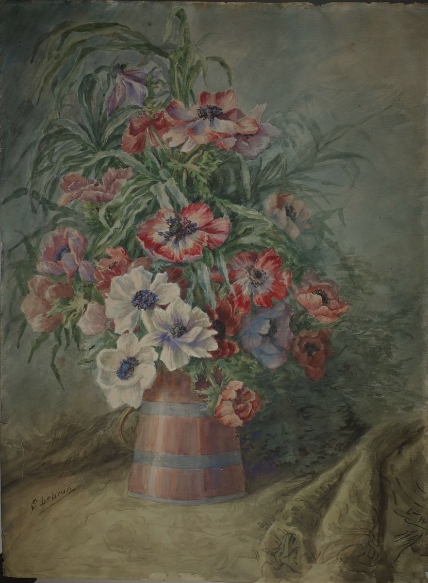 S.lebrun Bouquet d'Anémones Grande  Aquarelle Circa 1920 format : 65 x 48,5 cm