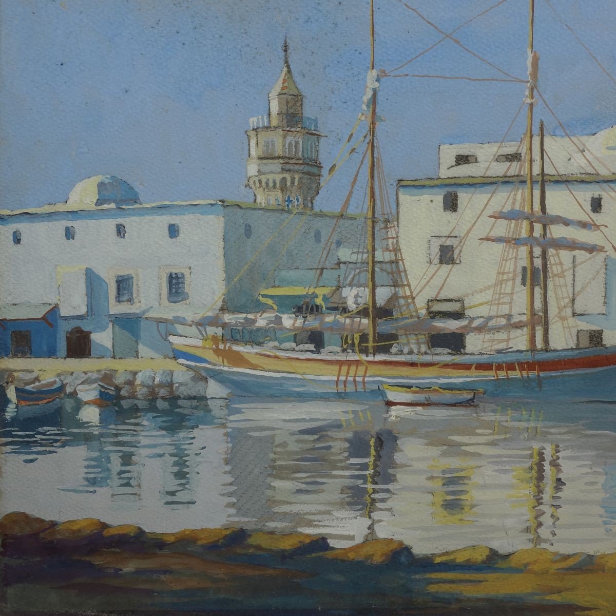 Port Of Bizerte Sailboat Gouache Circa 1930 Tunisia-photo-2