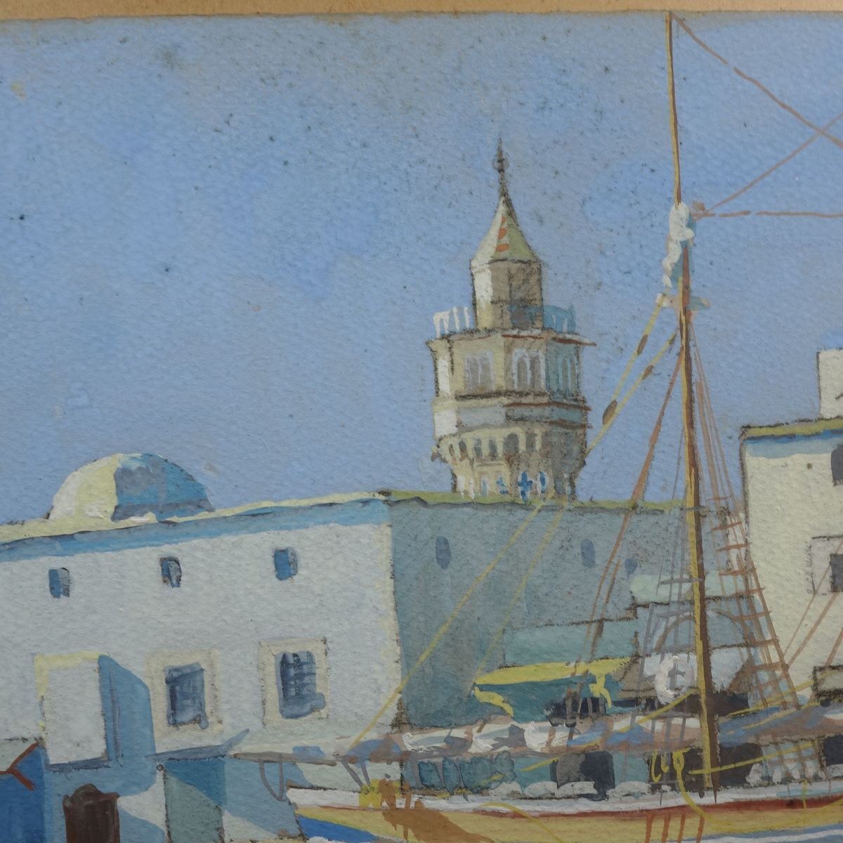 Port Of Bizerte Sailboat Gouache Circa 1930 Tunisia-photo-4