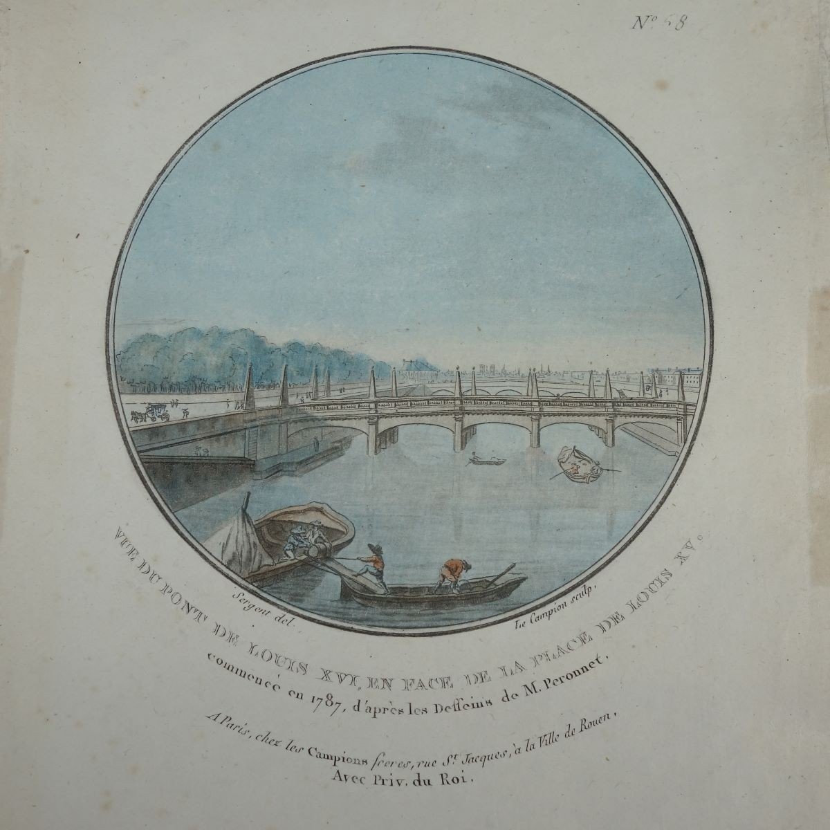 Le Campion After Sergent View Of The Louis XVI Bridge Paris 18th Century Print Imprimerie Les Campions