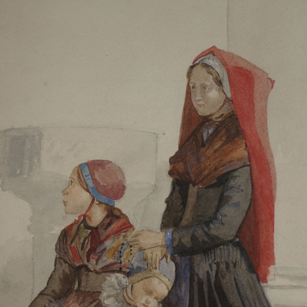 Isidore Alexandre Augustin Pils (1813-1875) Attributed To Woman And Children In Prayer Watercolor 1892-photo-2
