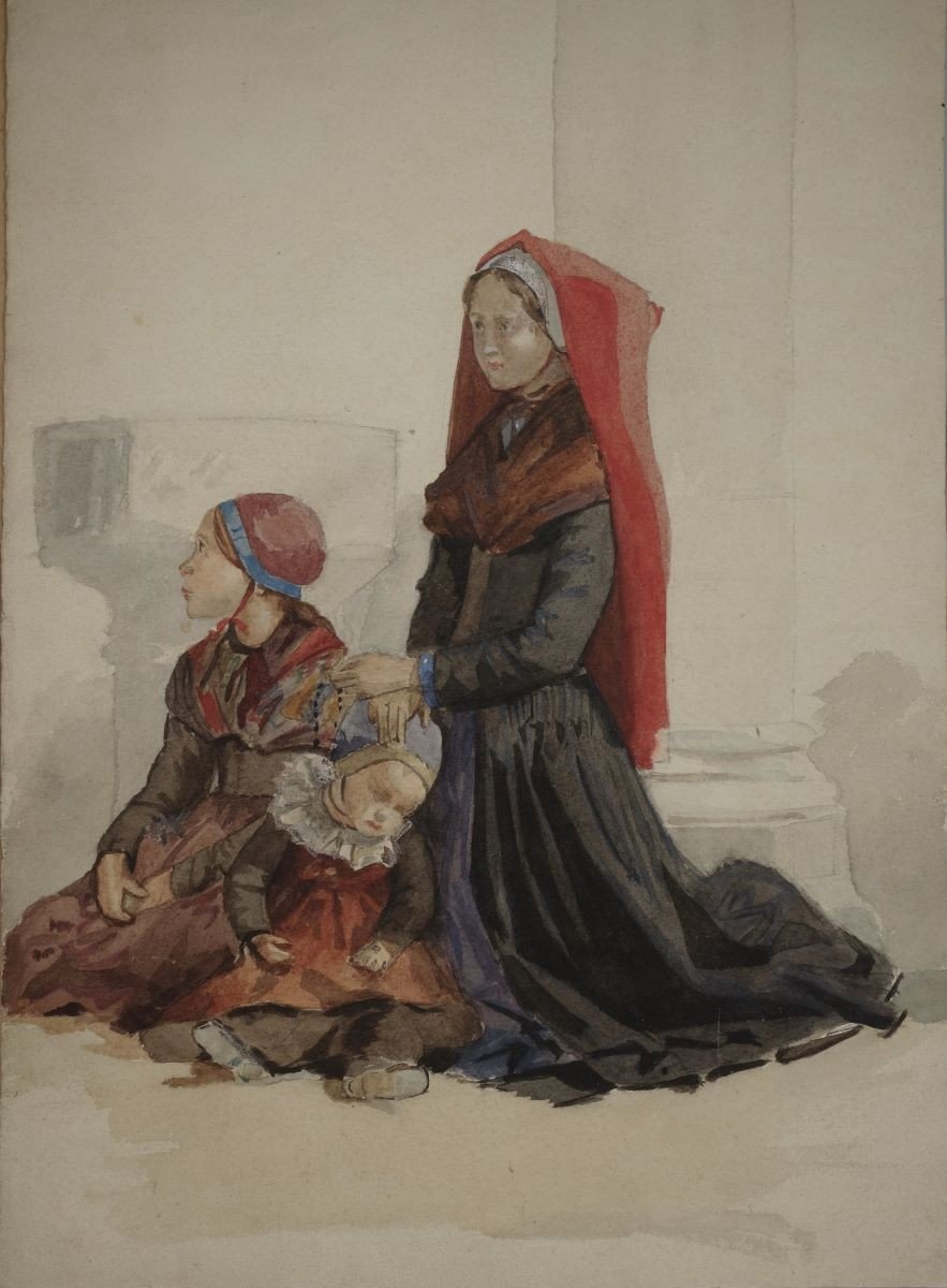 Isidore Alexandre Augustin Pils (1813-1875)Attribué à Béarnaise et ses filles En Prière Aquarelle 1892