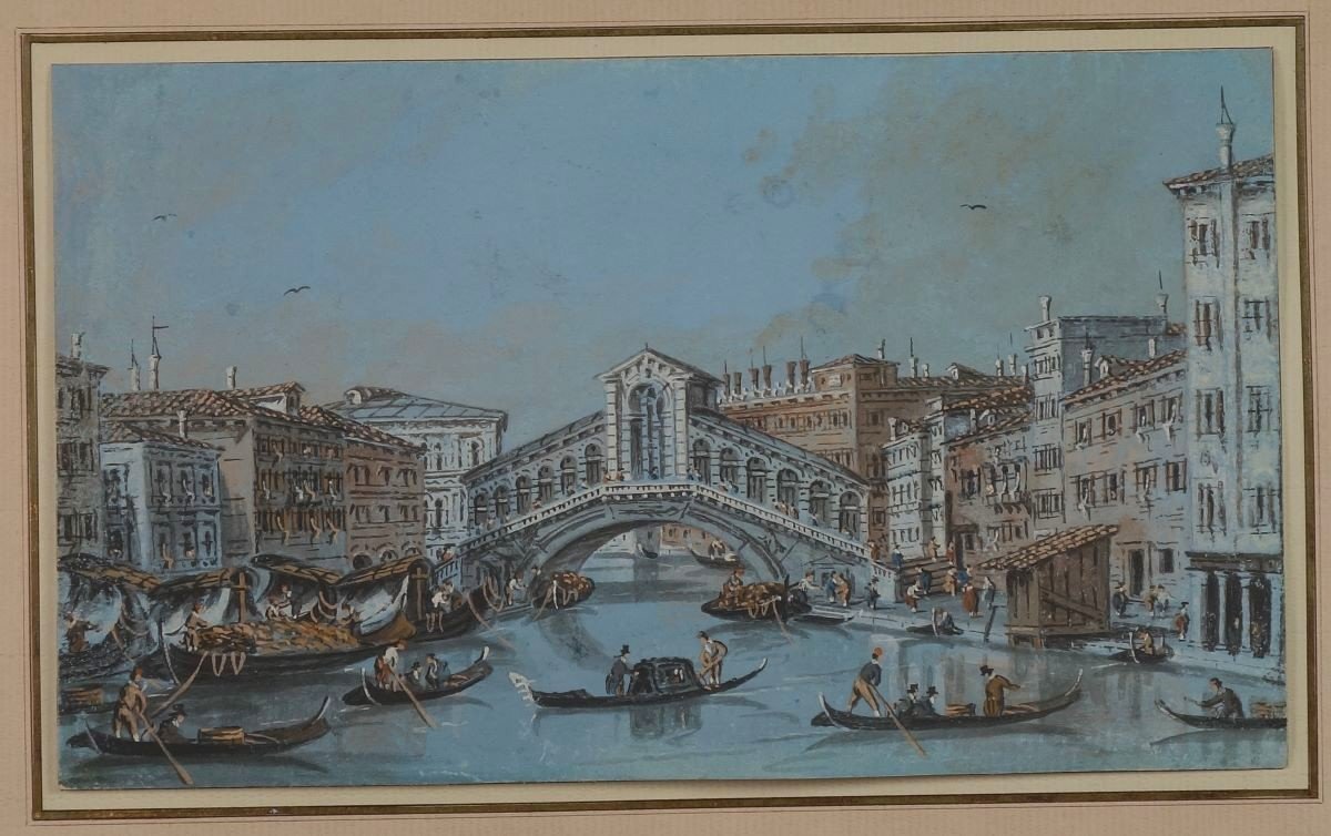 Giacomo Guardi (1764-1835) Ponte Del Rialto Venise Gouache XVIIIe  Feuille  13 X 22,4 Cm-photo-2