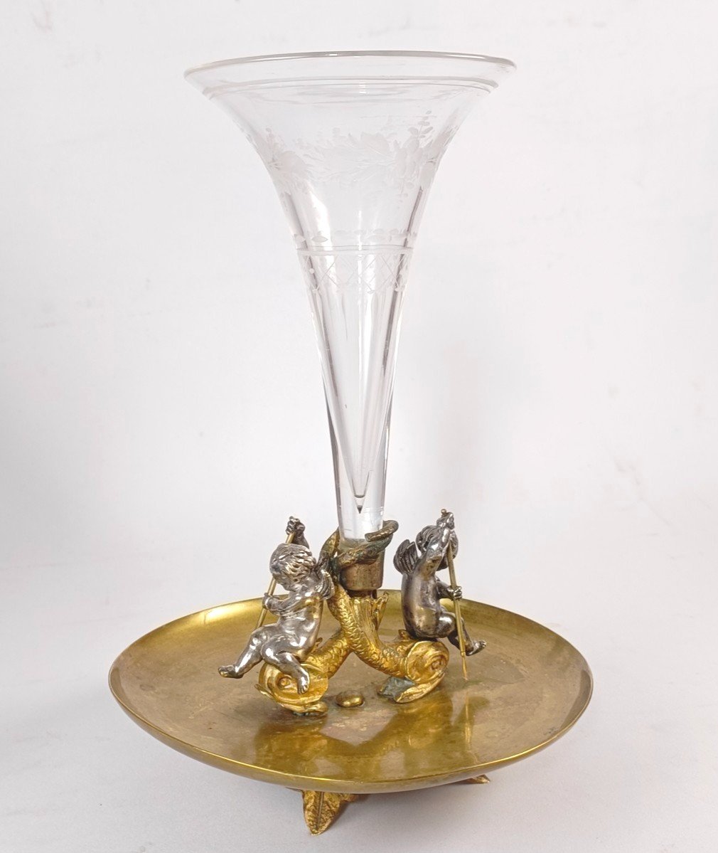 Vase Cornet Putti Et Dauphins Bronze Et Cristal Napoléon III -photo-4