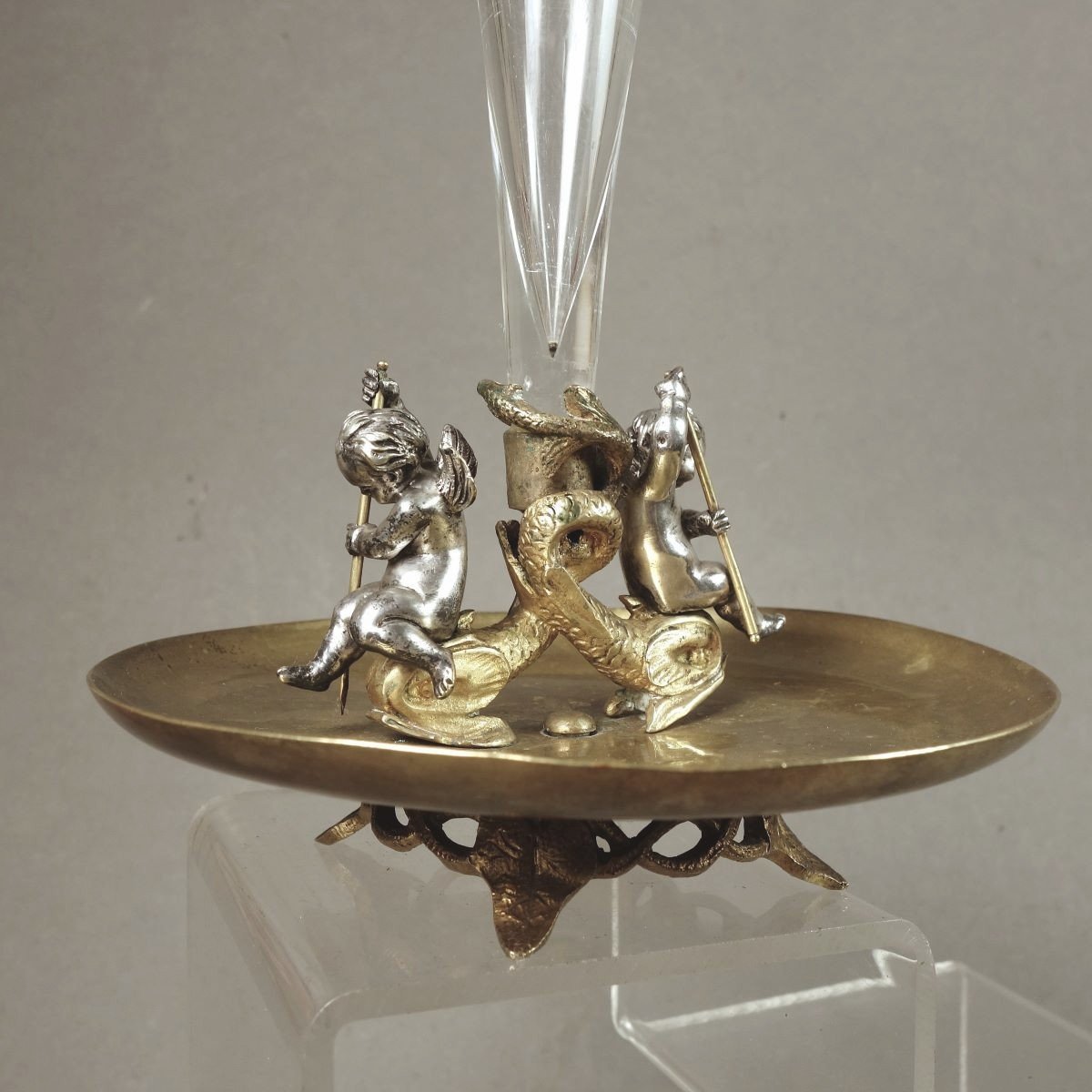 Vase Cornet Putti Et Dauphins Bronze Et Cristal Napoléon III -photo-3