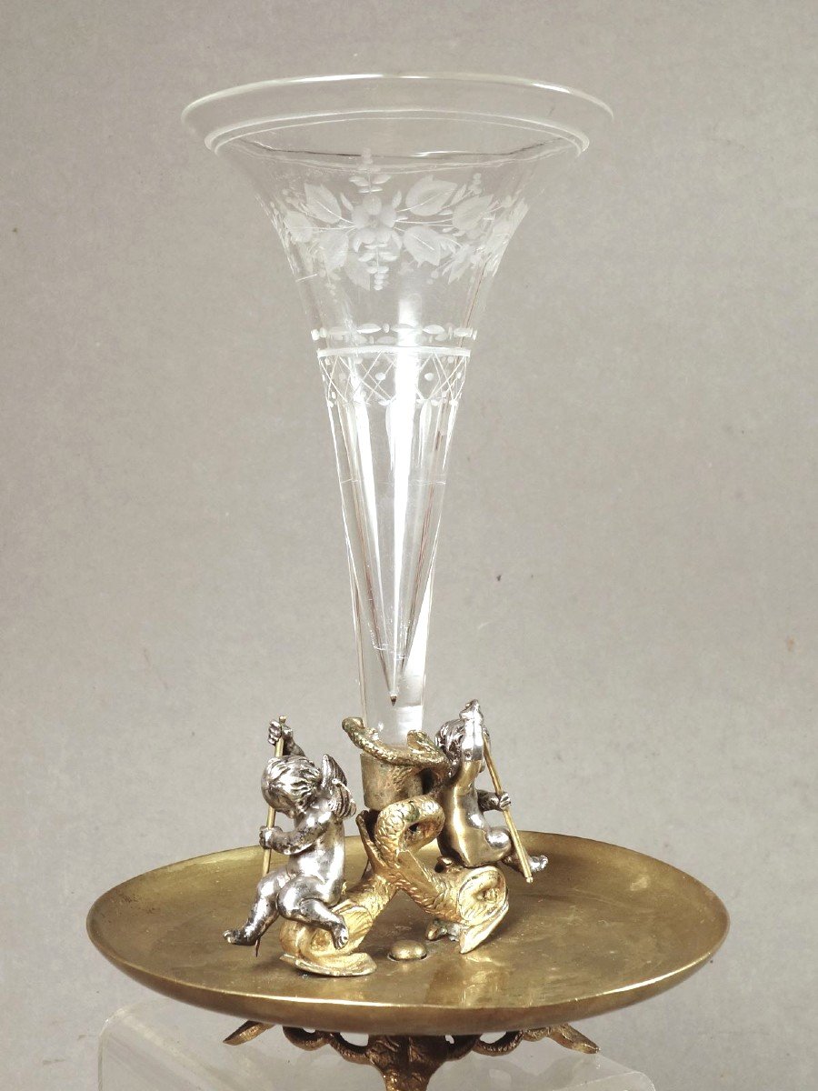 Vase Cornet Putti Et Dauphins Bronze Et Cristal Napoléon III 