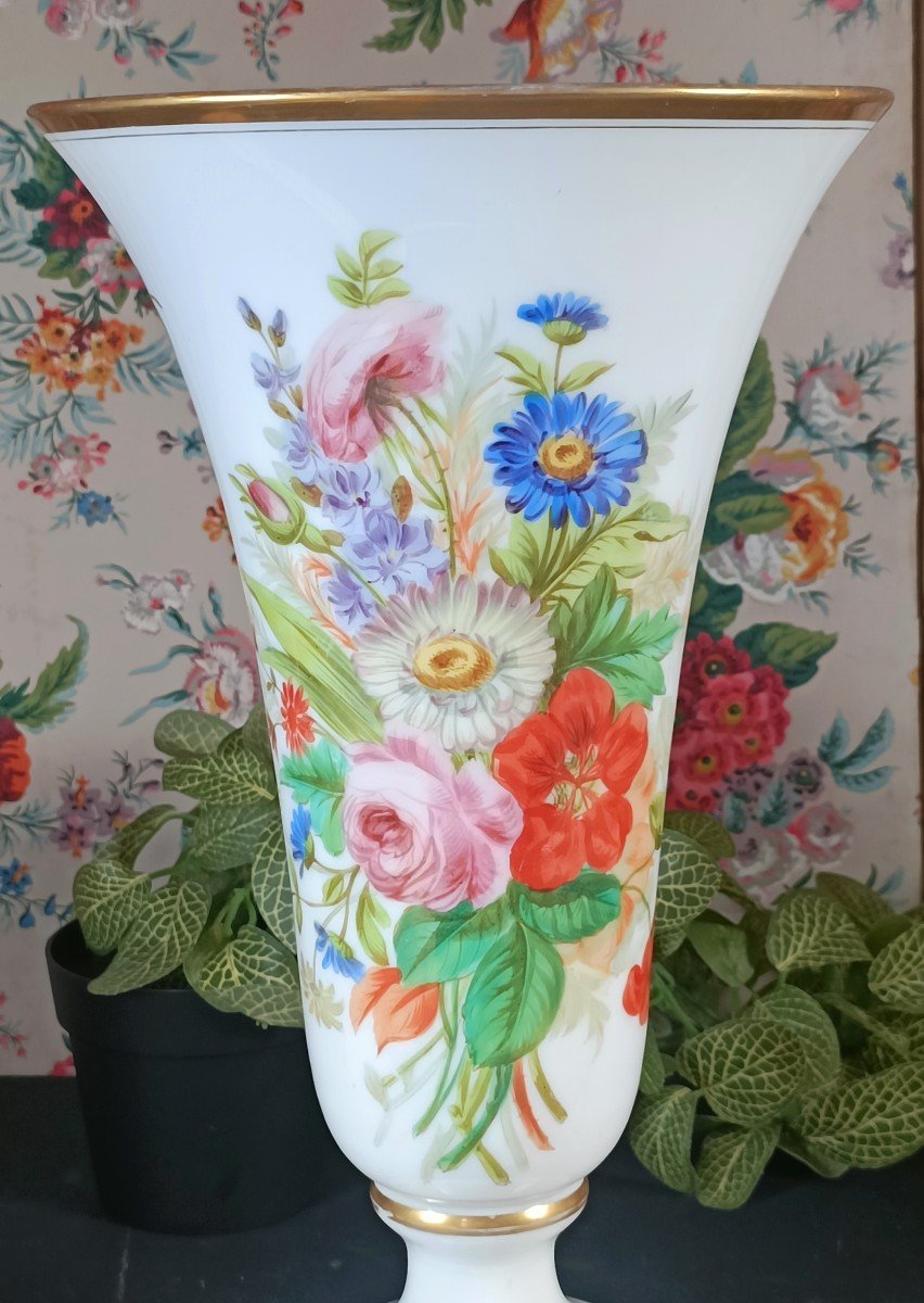 Grand Vase Opaline XIXe Décor Floral H : 39,5 Cm-photo-3