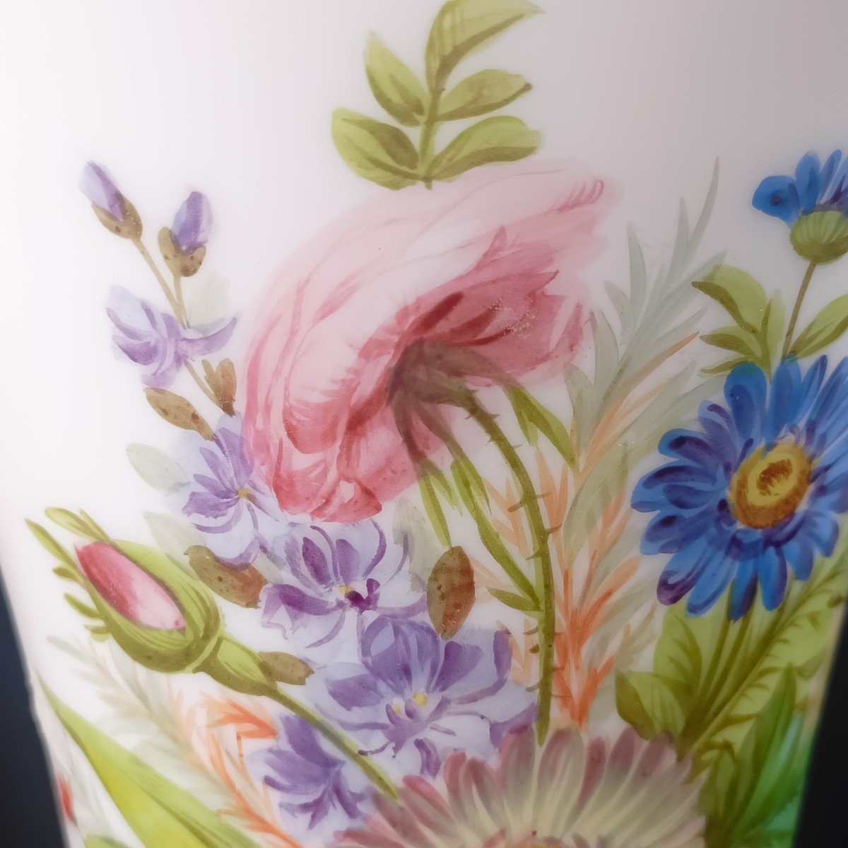 Grand Vase Opaline XIXe Décor Floral H : 39,5 Cm-photo-2