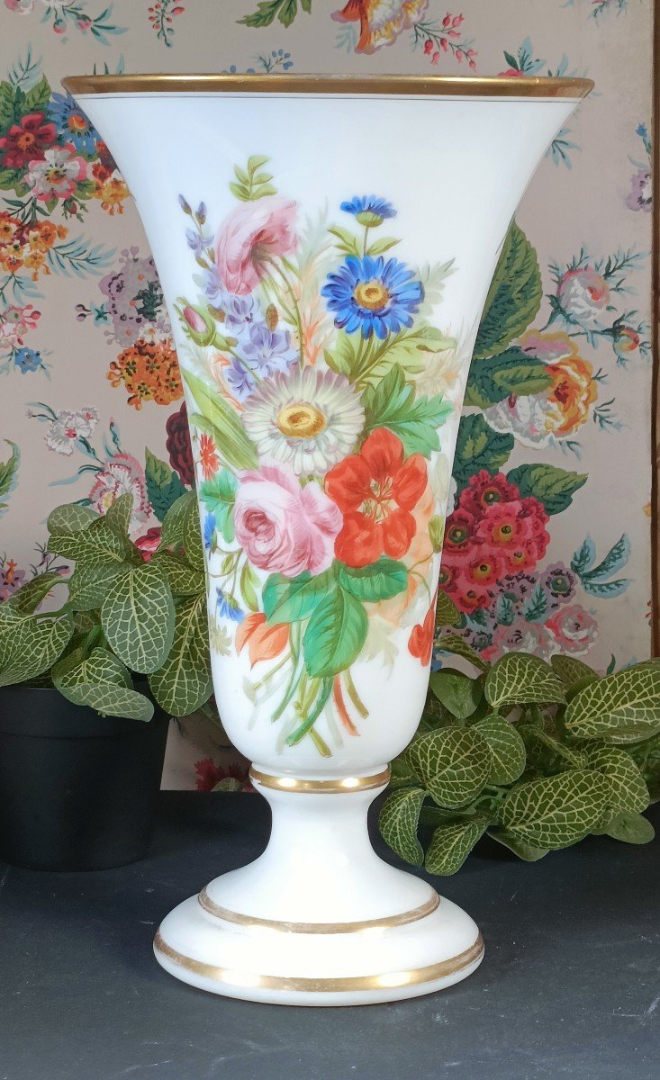 Grand Vase Opaline XIXe Décor Floral H : 39,5 Cm