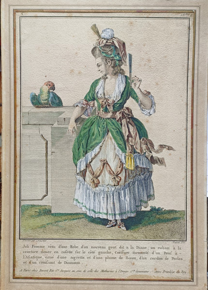 Basset d'Après Meunier Jolie Femme Robe De Diane Estampe Mode XVIIIe 