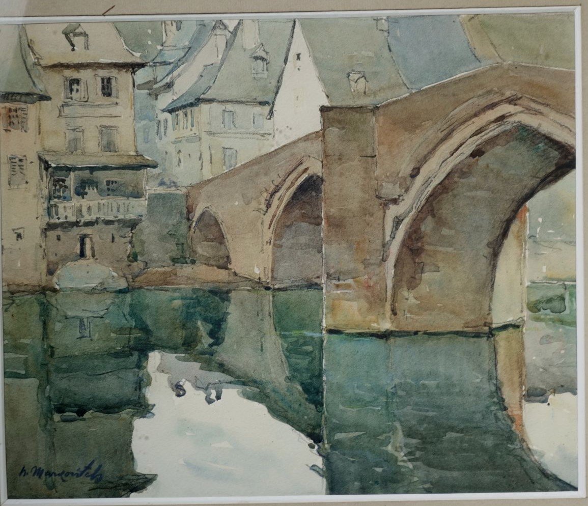 Nicolas Markovitch (franco-serbian, 1894-1964) Espalion The Old Bridge Over The Lot Watercolor -photo-2