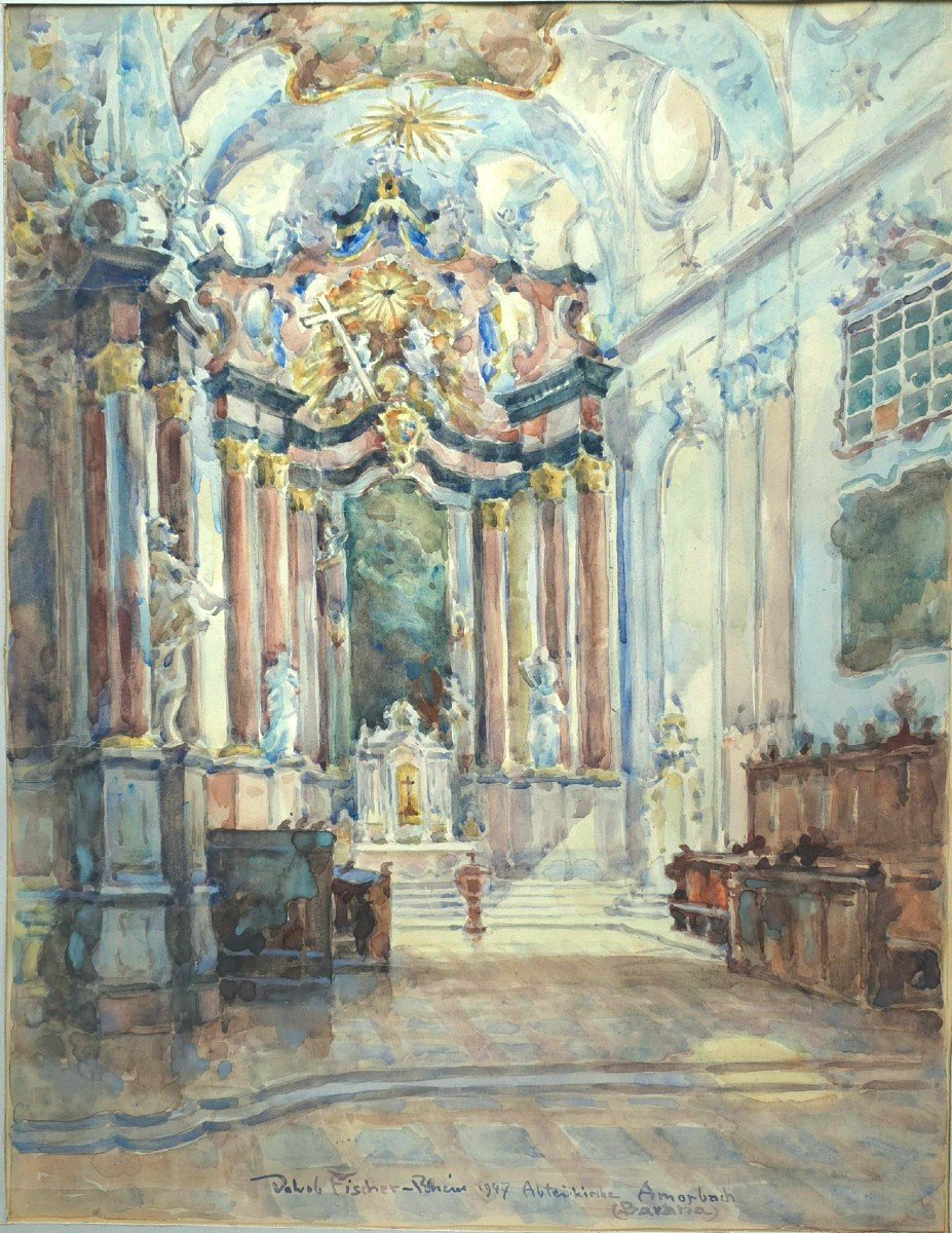 Cathédrale Amorbacher Allemagne Aquarelle Signée Fischer 1947