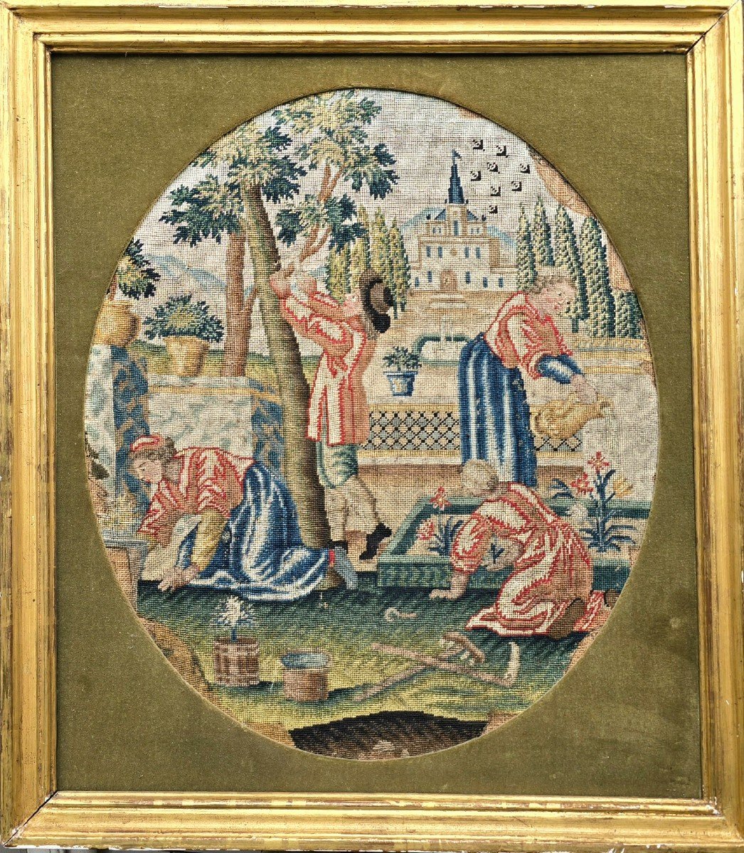 Tapisserie Petit Point XVIIIe Scène De Jardinage-photo-4