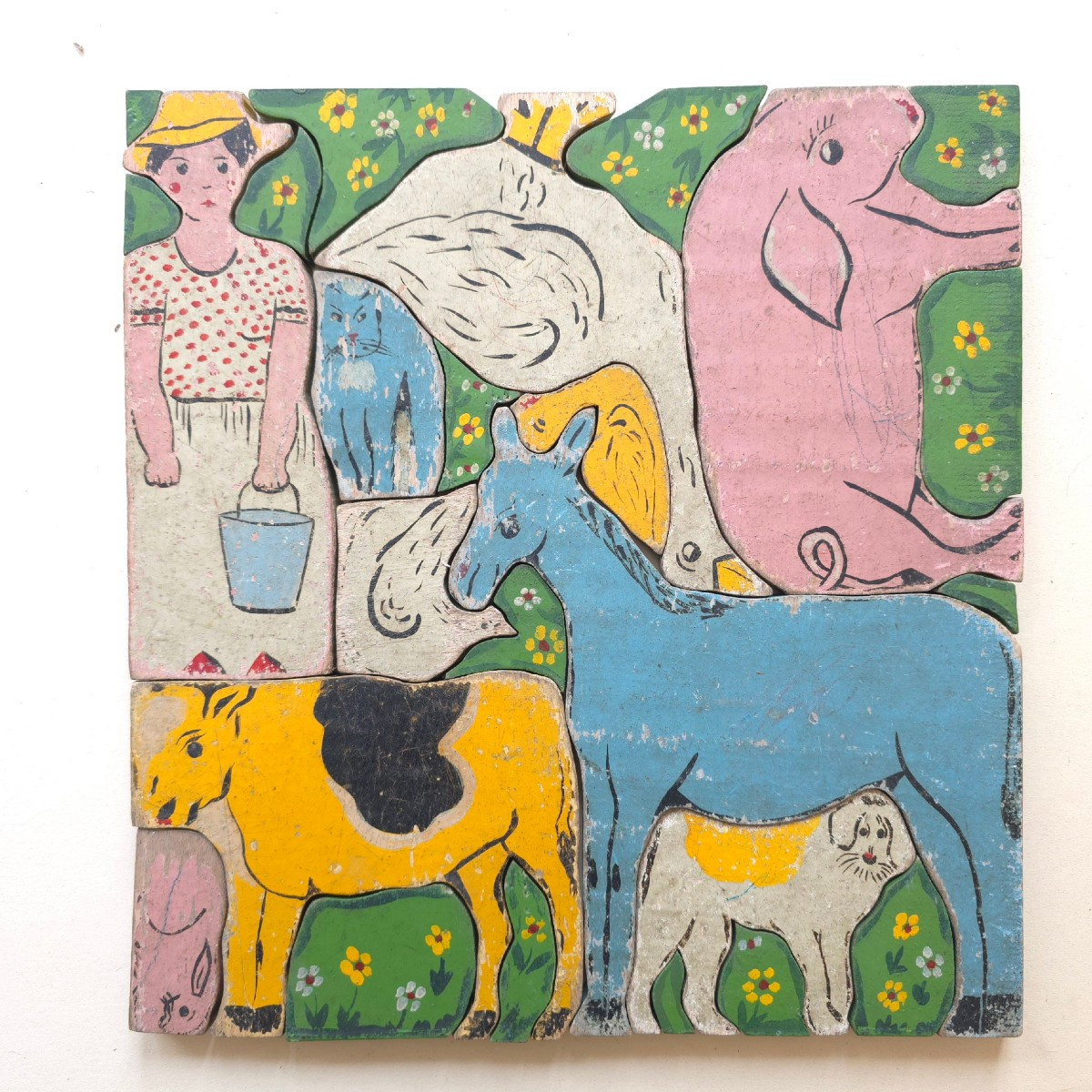 Antique Painted Wooden Puzzle Farmer And Animals 28 X 29 Cm-photo-2