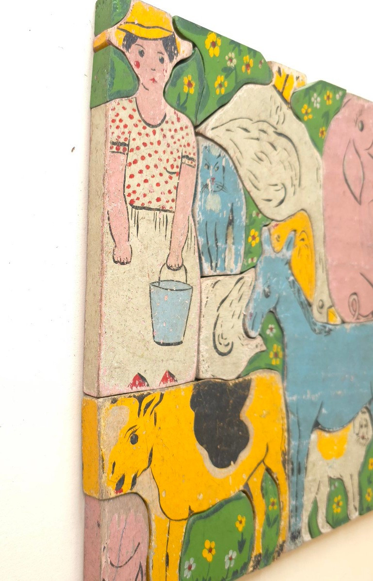 Antique Painted Wooden Puzzle Farmer And Animals 28 X 29 Cm-photo-1