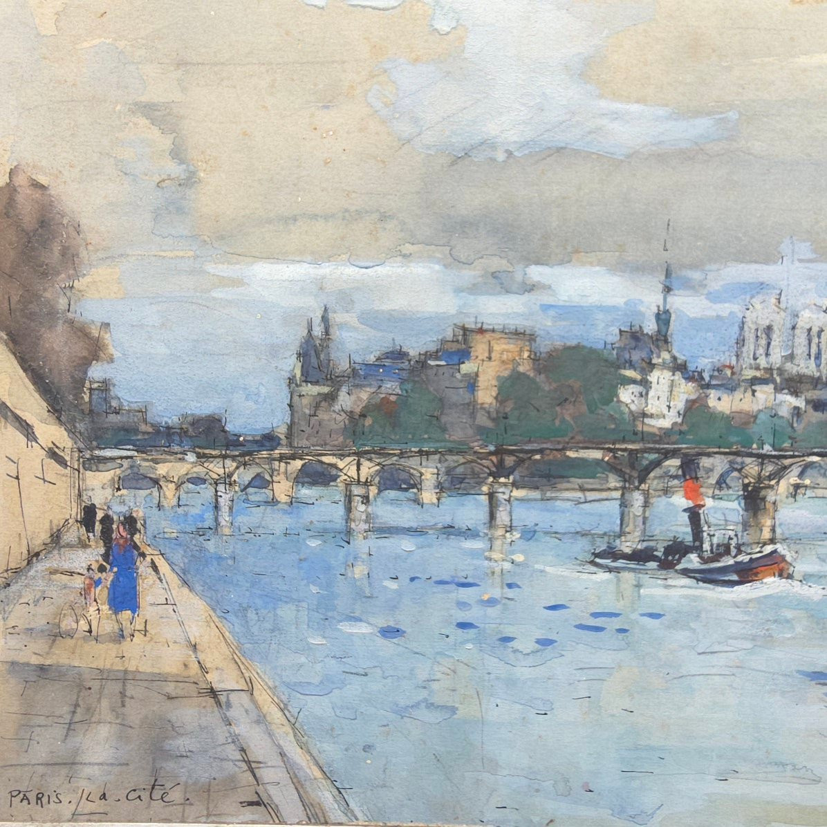Louis Chervin (1905-1969)Paris L’ile De La Cité Aquarelle-photo-2