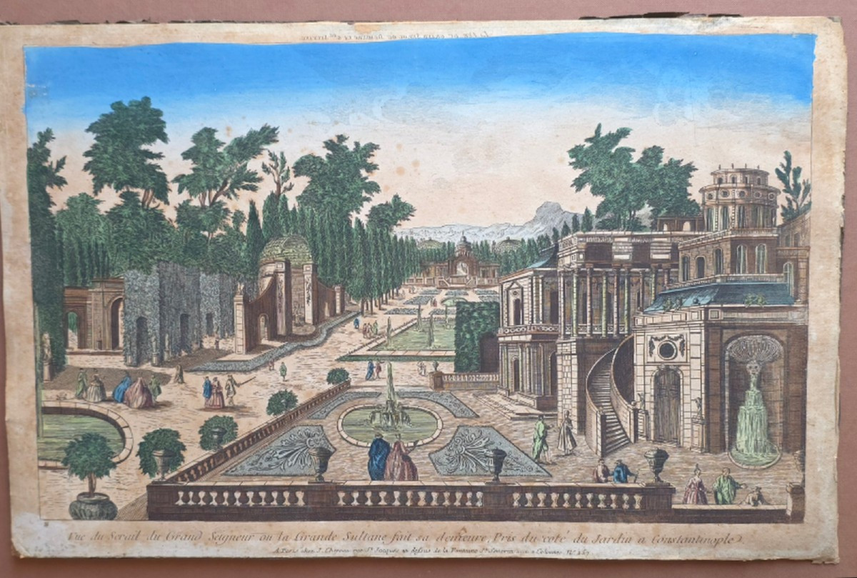 Vue d’optique XVIIIe Constantinople Jardin de la Grande Sultane Empire Ottoman