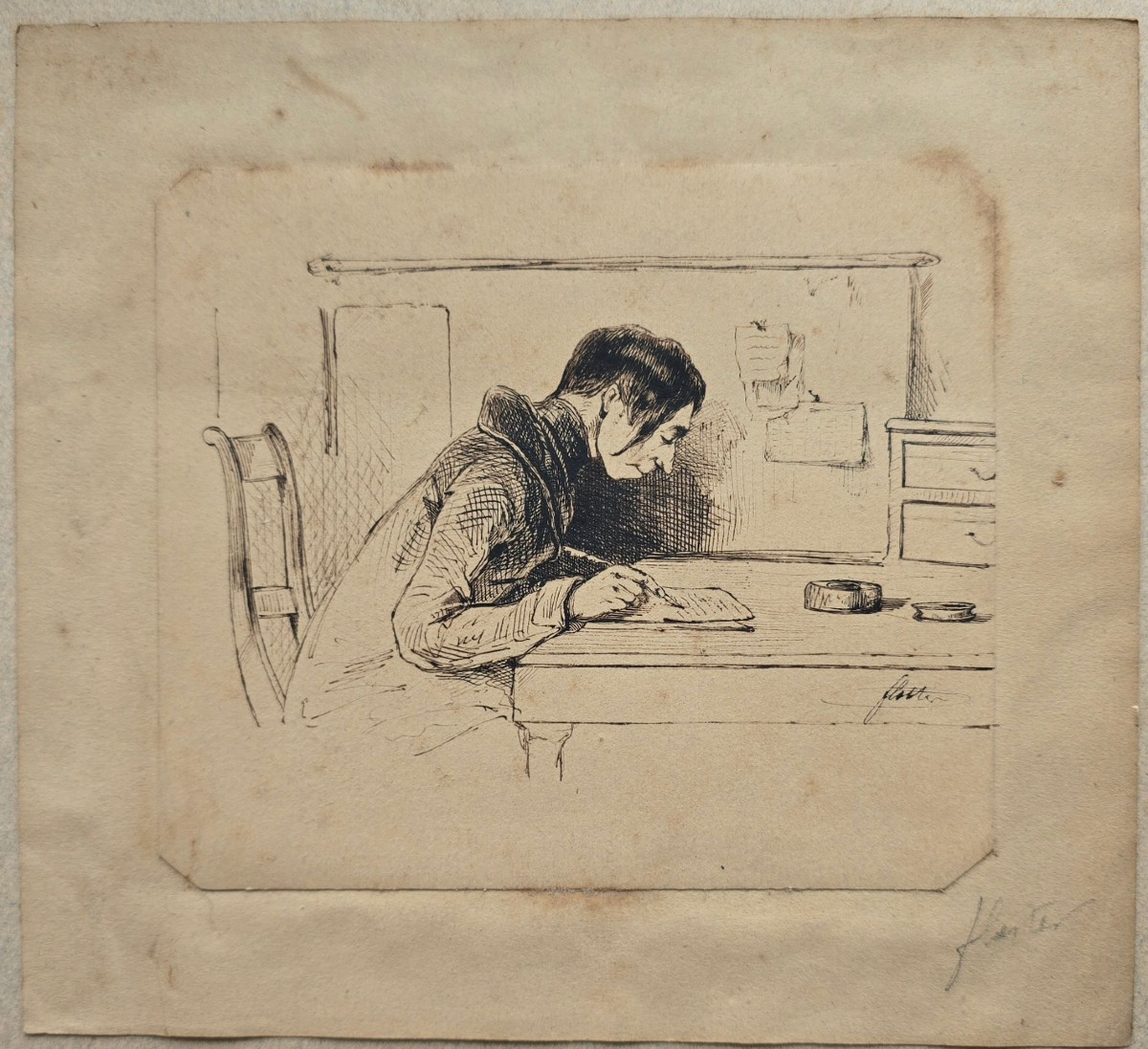 Jeune homme à son bureau dessin encre de chine XIXe signé-photo-2
